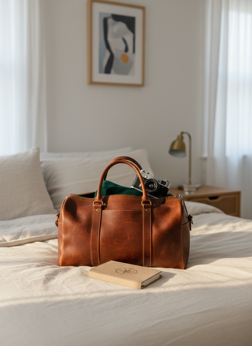 A compact, vintage-inspired leather weekender bag in dark cognac sits on a neatly made linen bed, its zipper partially open to reveal a folded wool sweater, a slim camera, and a small journal with a cloth cover. The bedroom is minimalistic, with white walls, a single framed abstract print, and a narrow wooden nightstand holding a glass of water and a dim reading lamp. Late afternoon sunlight filters through sheer curtains, creating gentle, diagonal bands of light on the bedspread. Captured at eye level in photographic realism, with crisp focus on the bag and a subtly blurred background, the mood is anticipatory and composed, hinting at an upcoming personal trip to be documented on the blog.