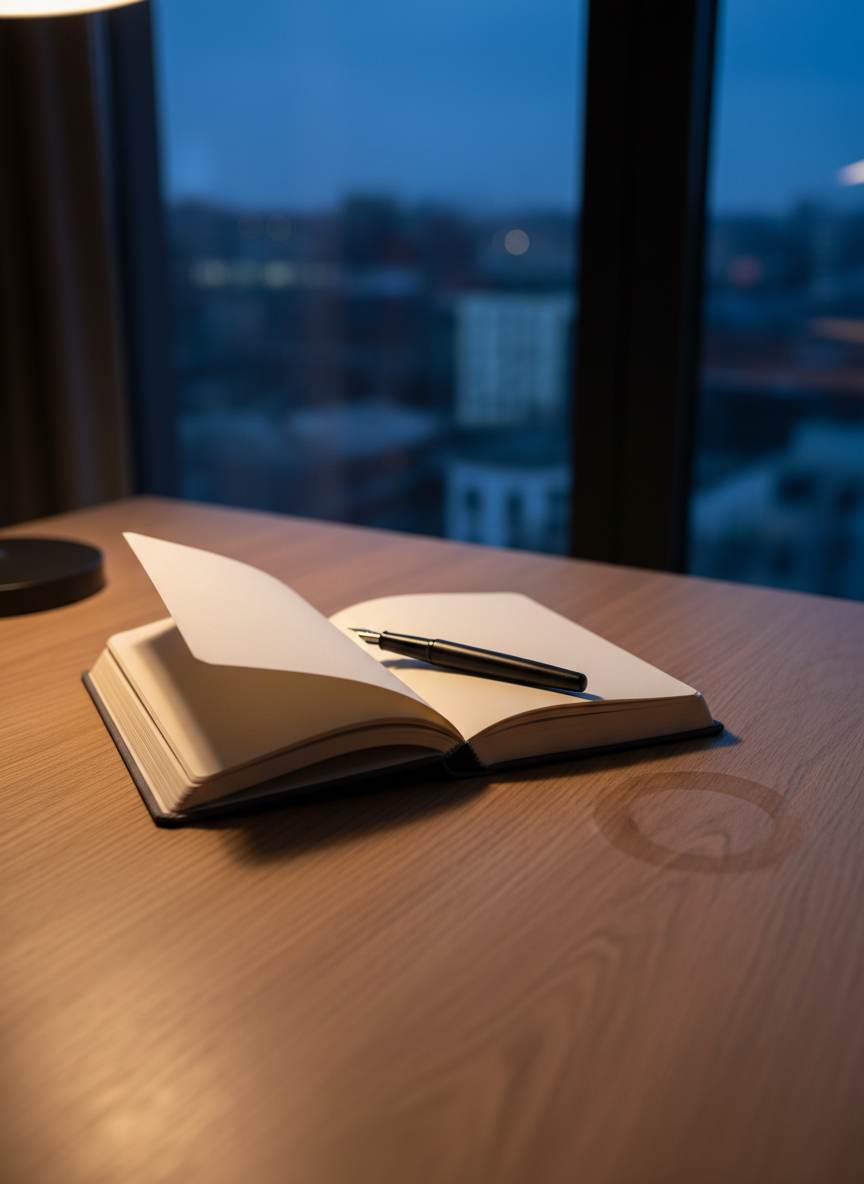 A slim, cloth-bound travel journal with a deep charcoal cover lies open on a natural oak desk, its creamy blank pages slightly textured and gently curled at the edges. A matte black fountain pen rests diagonally across the center fold, with a faint ring from a porcelain espresso cup nearby. In the background, a large window reveals an out-of-focus cityscape at blue hour. Soft, cool evening light mixes with a single warm desk lamp, casting refined, elongated shadows. Photographic realism, minimalist composition using the rule of thirds, shot from a slightly elevated angle with shallow depth of field, creating an intimate, sophisticated atmosphere that suggests quiet reflection before writing about personal adventures.