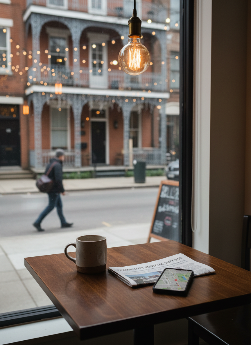 A quiet corner of a small urban café is captured in photographic detail: a square, dark wood table holding a single stoneware mug with a matte off-white glaze, a folded local newspaper, and a sleek black phone with an open map app glowing faintly. Outside the large window, the street scene is softly blurred but recognizable as a neighborhood with brick façades and hanging lights. Overcast daylight spills in, diffused and gentle, balancing the warm pendant light above the table. The composition uses the rule of thirds from a slightly elevated angle, emphasizing a calm, observant mood as if preparing to write about a local event or news story experienced firsthand.